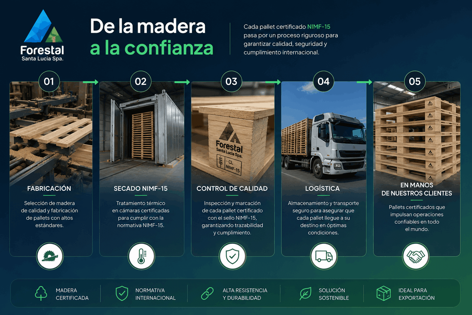 Infografía del proceso NIMF-15: fabricación, secado, control de calidad, logística y entrega — Forestal Santa Lucía